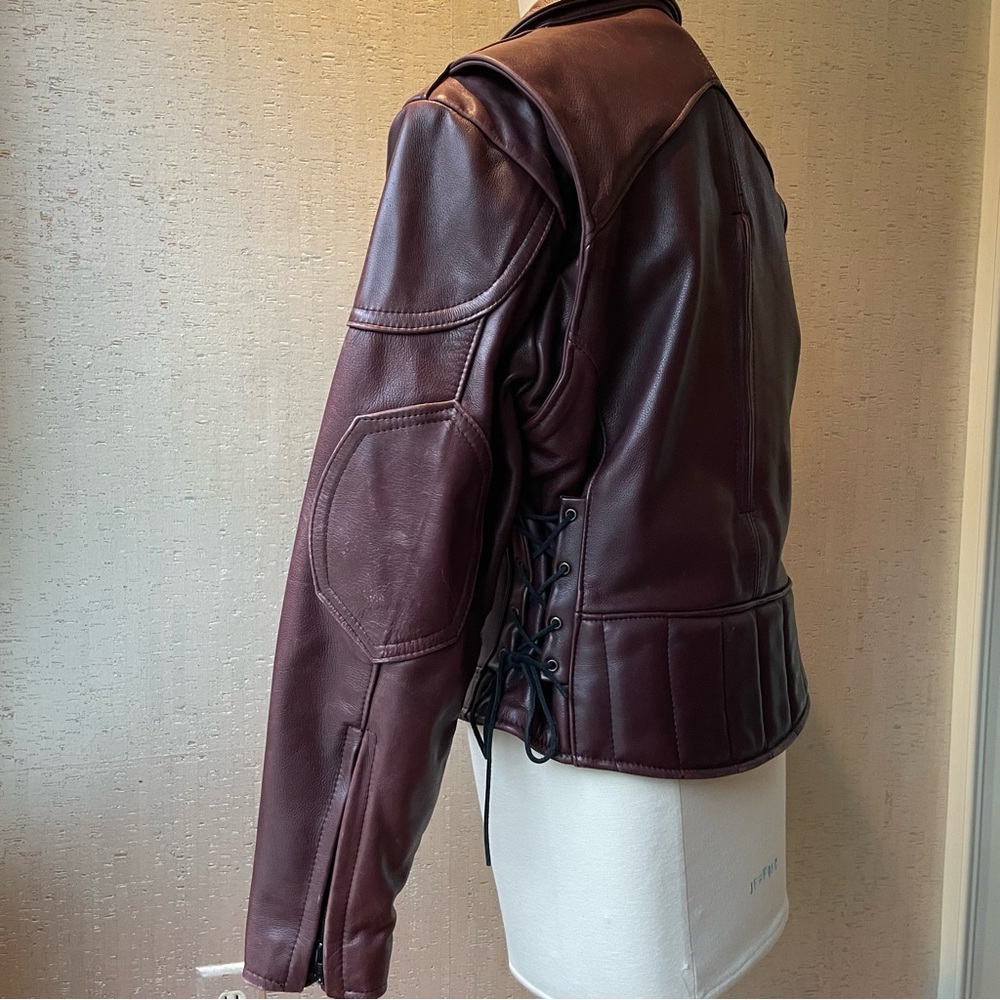 Vintage Leather Maroon Purple Biker Bomber Jacket Lace Up - Picture 5 of 6